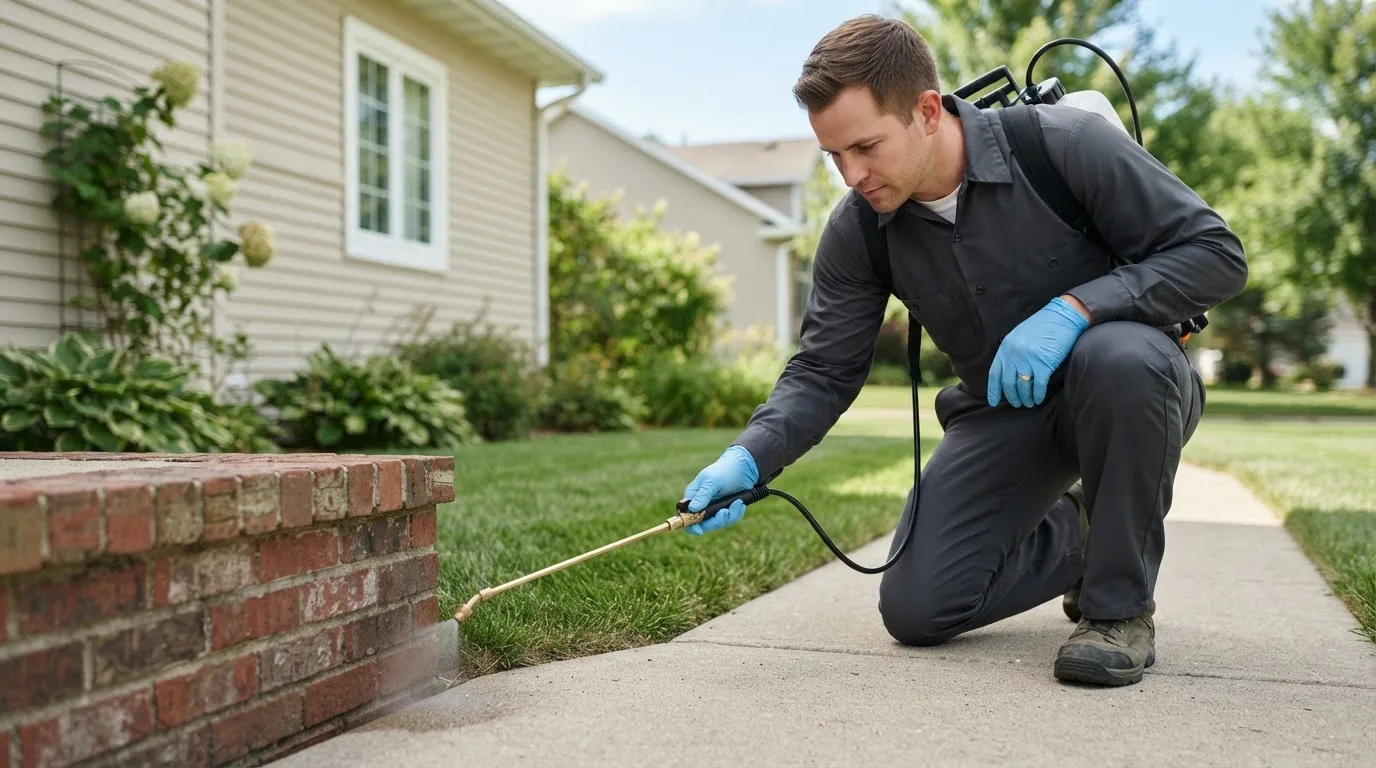 Pest control technician treating a home near Rexburg, ID