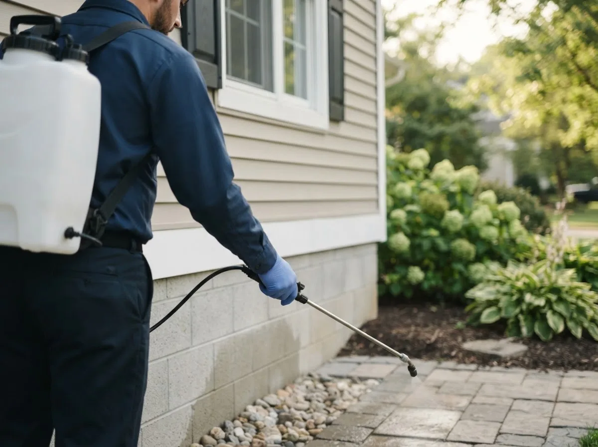 Pest control technician inspecting a home in Rexburg, ID